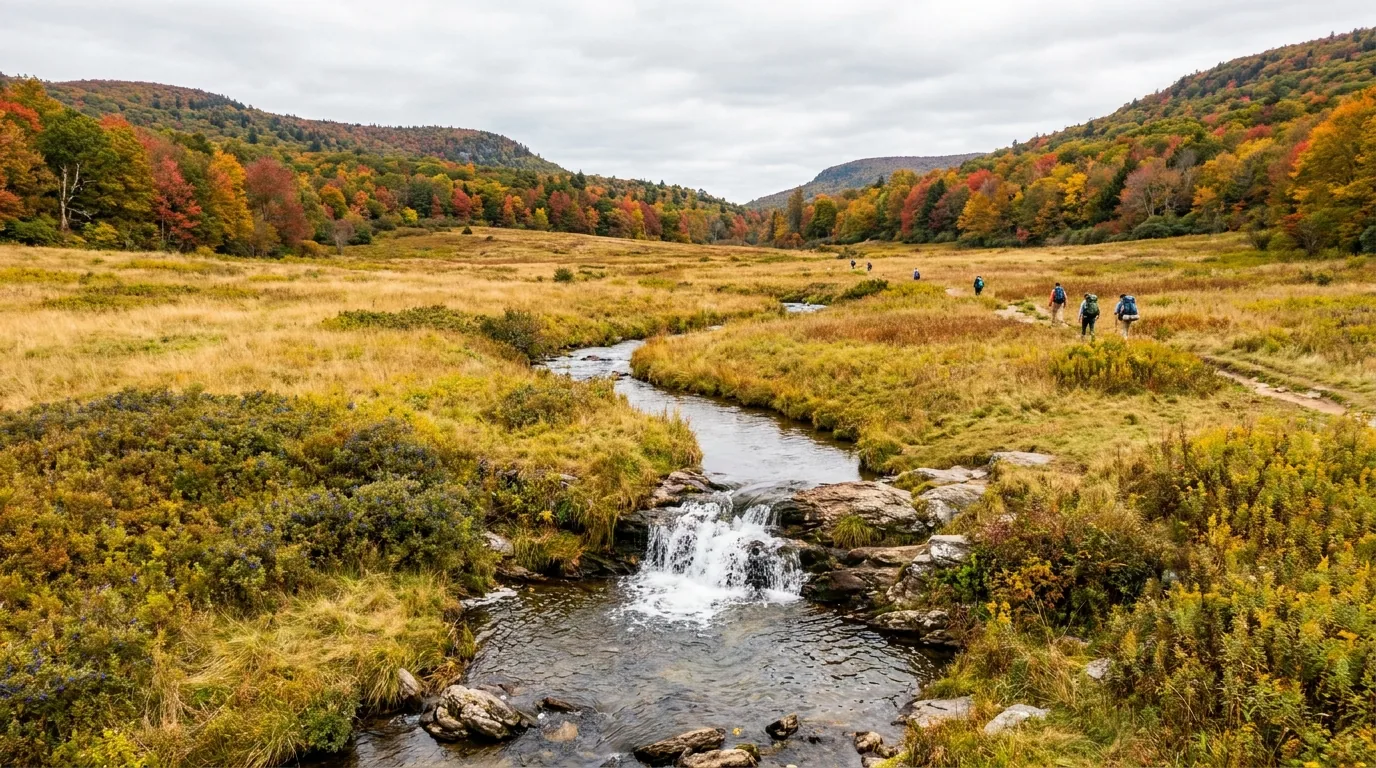 A broad open high-elevation valley of golden grass and low shrubs with a small waterfall and stream, surrounded by forested ridges turning red and orange in early autumn, ultrarealistic photograph representative of the region
