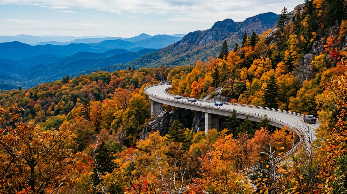 A slender curving concrete viaduct hugging the rocky flank of a mountain above autumn hardwood forest in full orange and gold, layered blue ridgelines receding into haze behind, southern Appalachians, ultrarealistic photograph representative of the region