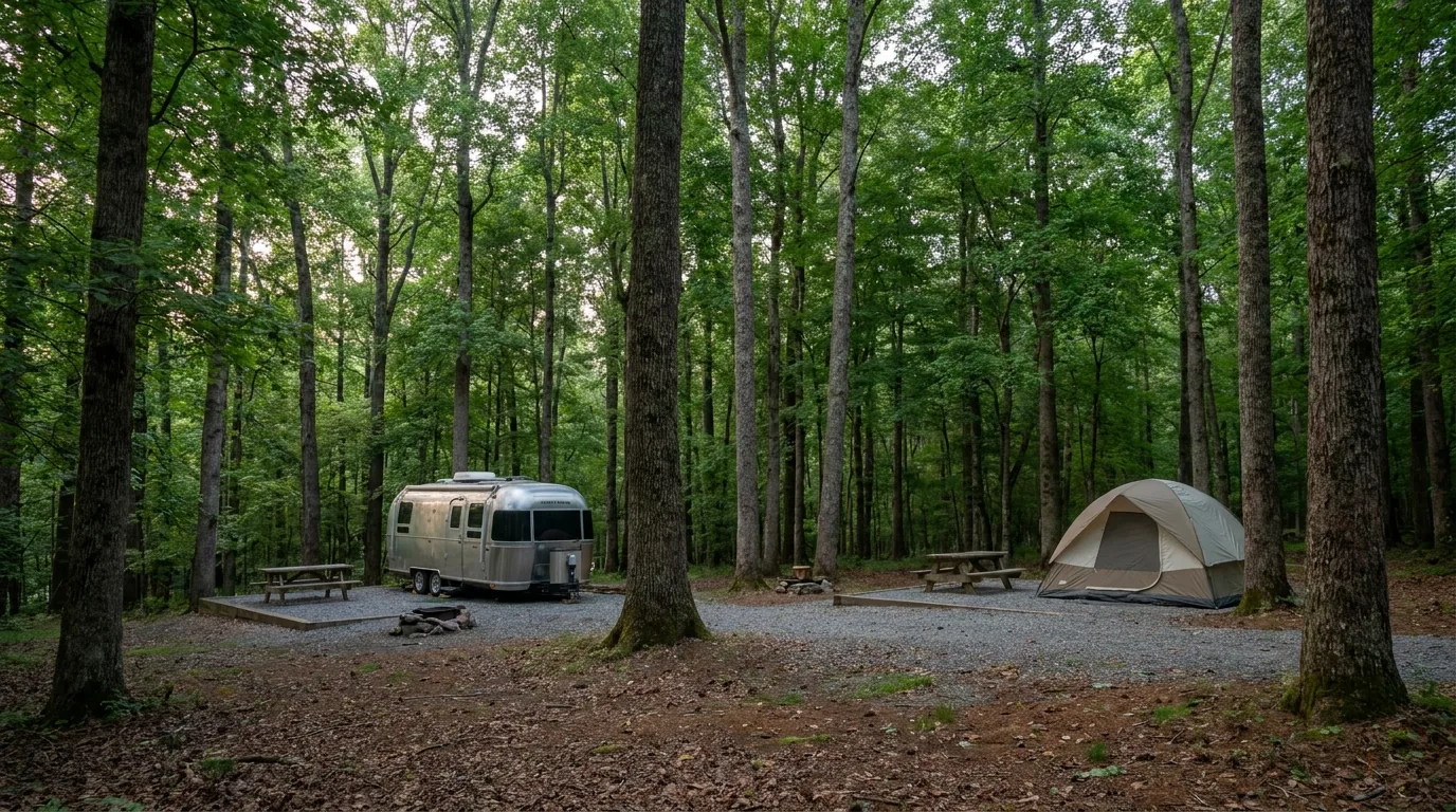 A quiet forested national park campground loop with a small travel trailer and a dome tent on gravel pads, picnic tables and fire rings under tall hardwoods, no power hookups or utility pedestals anywhere, soft evening light, ultrarealistic photograph representative of the region