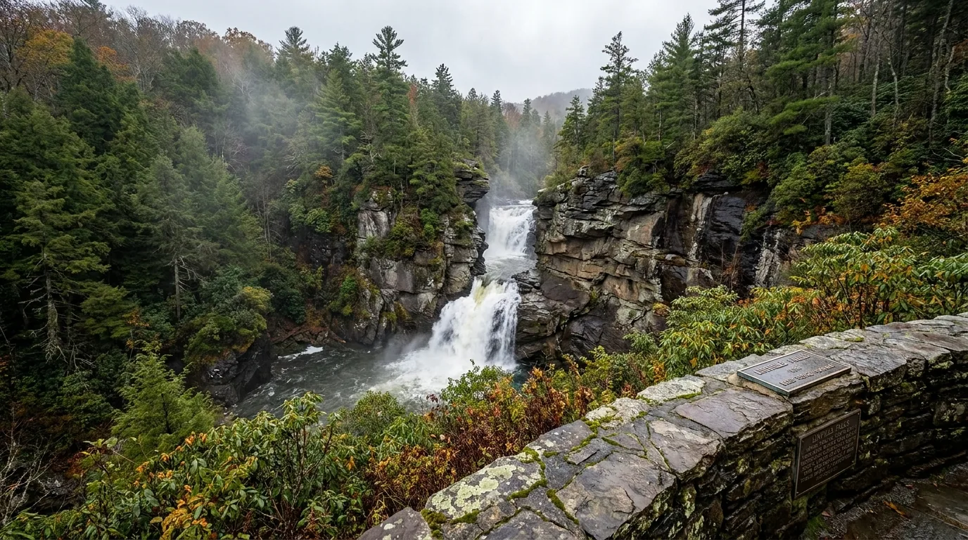 A powerful two-tier waterfall dropping into a rocky gorge lined with hemlock and rhododendron, viewed from a stone overlook, wet dark rock and soft diffused light, ultrarealistic photograph representative of the region