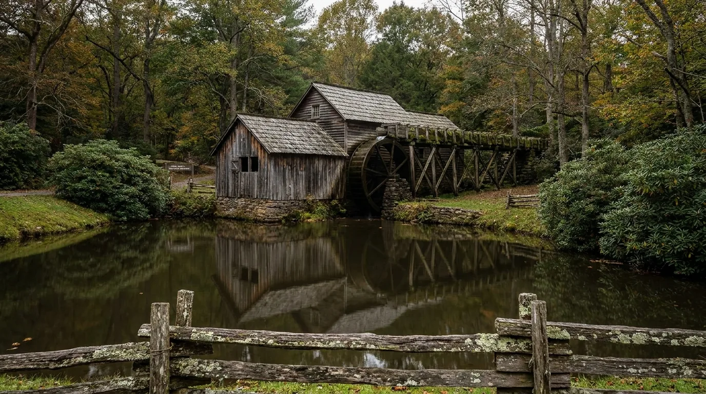 A weathered wooden grist mill with a wooden overshot water wheel and long flume reflected in a still millpond, surrounded by rhododendron and hardwood forest, a split-rail fence in the foreground, ultrarealistic photograph representative of the region