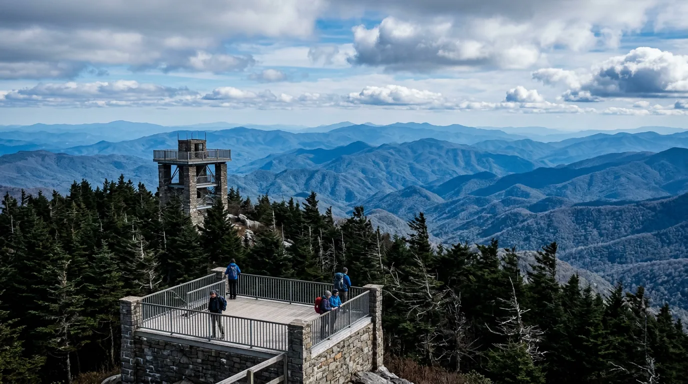 A high summit observation deck on a spruce and Fraser fir covered mountaintop above six thousand feet, endless layered blue ridgelines falling away in every direction under scattered cloud, ultrarealistic photograph representative of the region