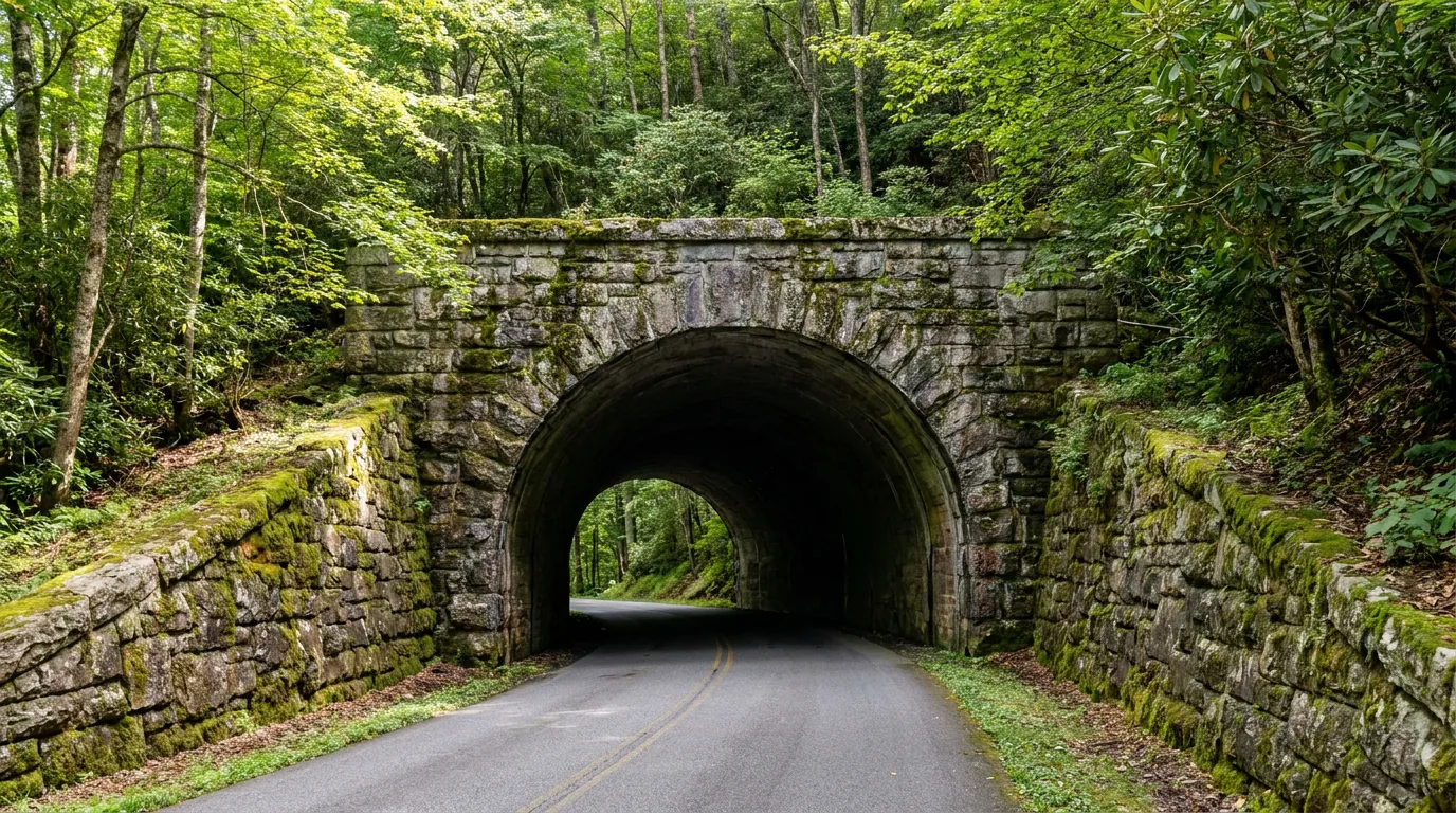 A narrow stone-faced arched highway tunnel portal cut through a forested mountainside, a two-lane road curving into the dark opening, rough masonry facing and mossy rock, ultrarealistic photograph representative of the region