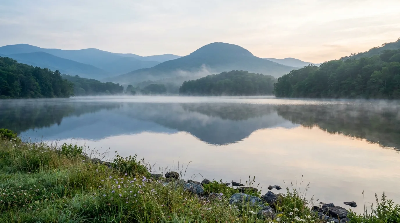 A small mountain lake ringed by meadow and forest with a distinctive rounded rocky peak rising behind it, early morning light and mist on the water, layered blue ridgelines beyond, ultrarealistic photograph representative of the region