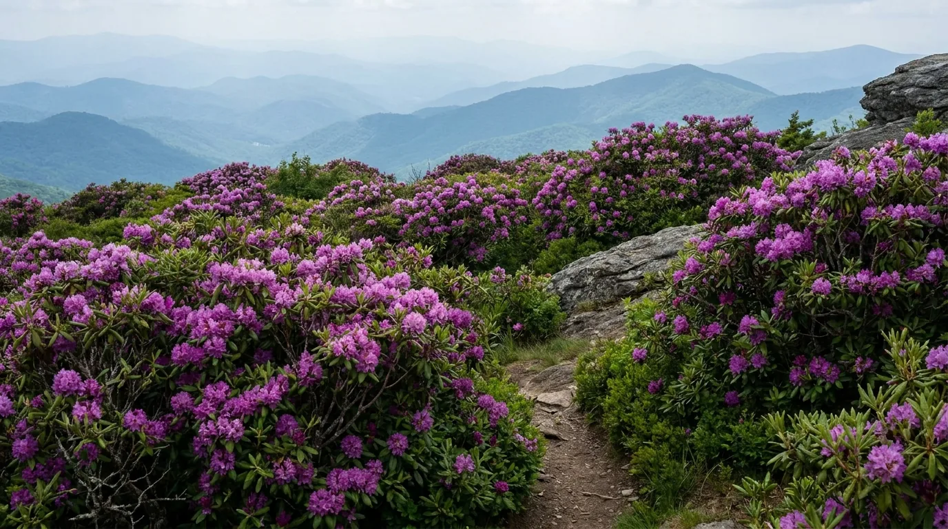 Dense Catawba rhododendron in full purple-pink bloom covering a high mountain bald, layered blue ridgelines receding behind, soft overcast light, ultrarealistic photograph representative of the region