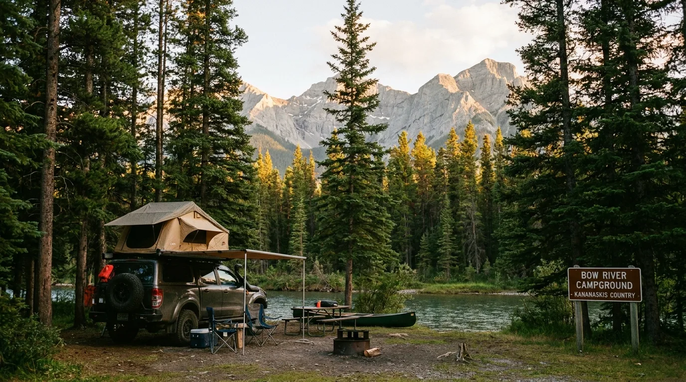 A forested campsite with a rig and awning among pines beside the Bow River with Rockies peaks behind at golden hour, Bow Valley Provincial Park, Alberta, ultrarealistic photograph