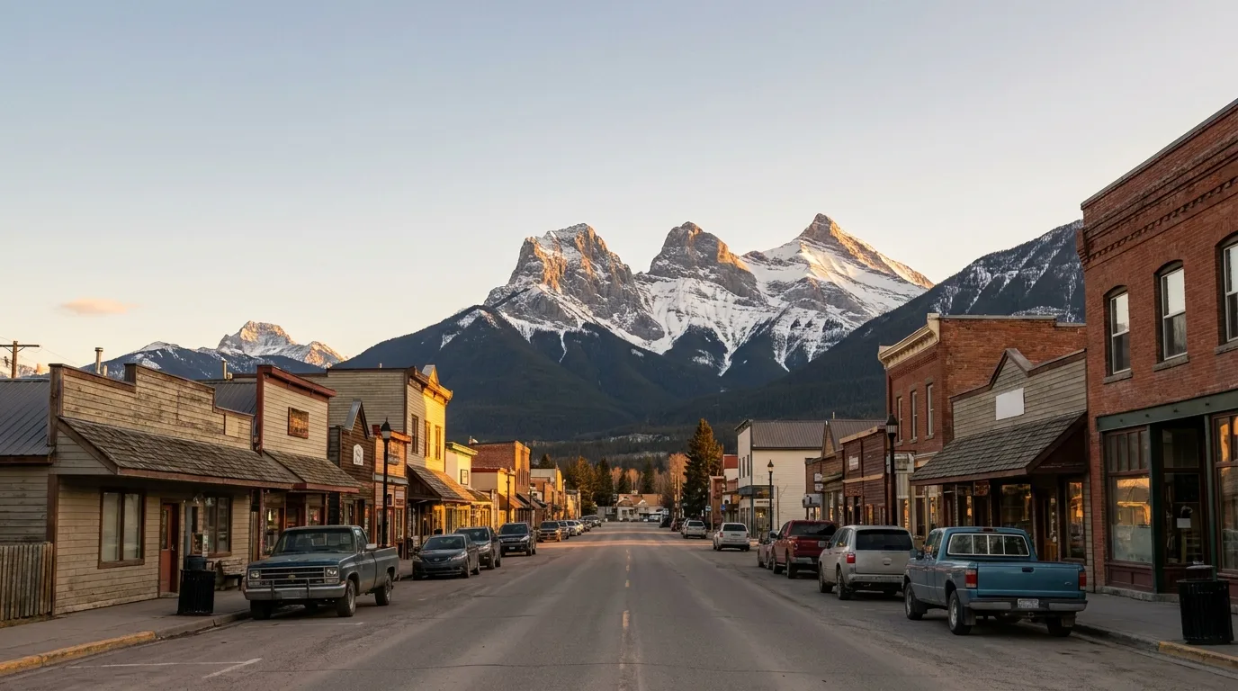 The Main Street of Canmore with low buildings and the Three Sisters and Mount Rundle rising directly behind the town, Alberta, ultrarealistic photograph