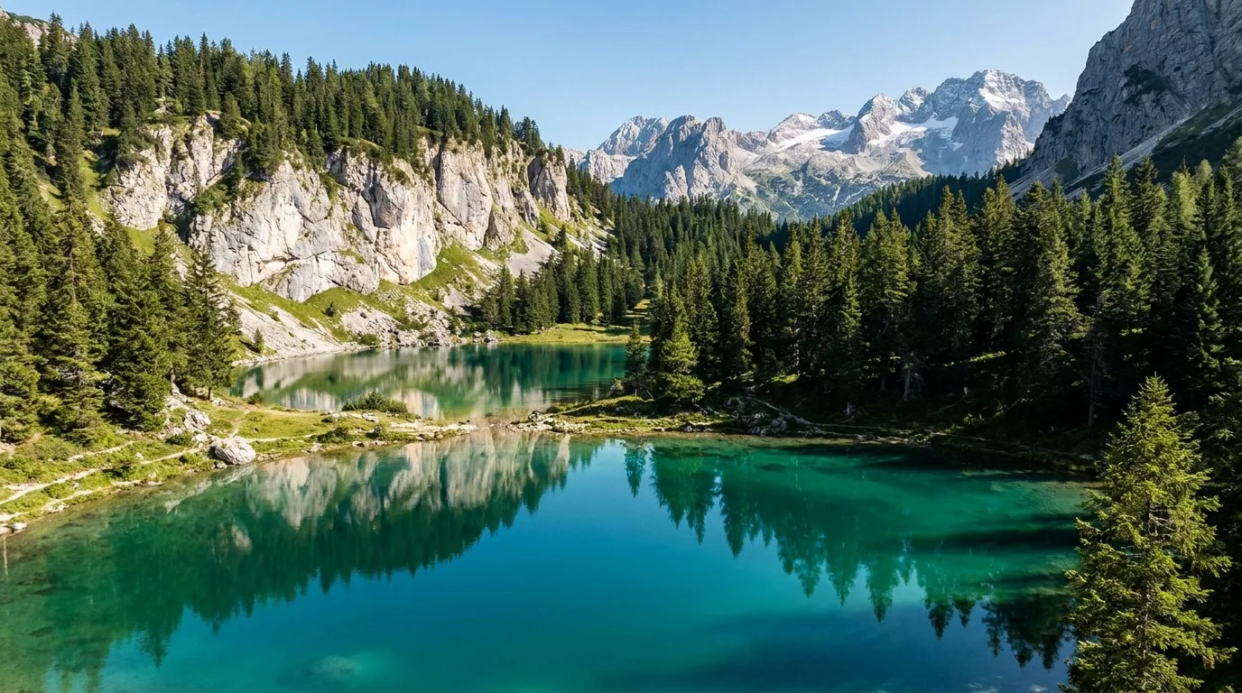 The two vivid turquoise pools of Grassi Lakes ringed by cliffs and pine forest below Rockies peaks, Canmore, Alberta, ultrarealistic photograph