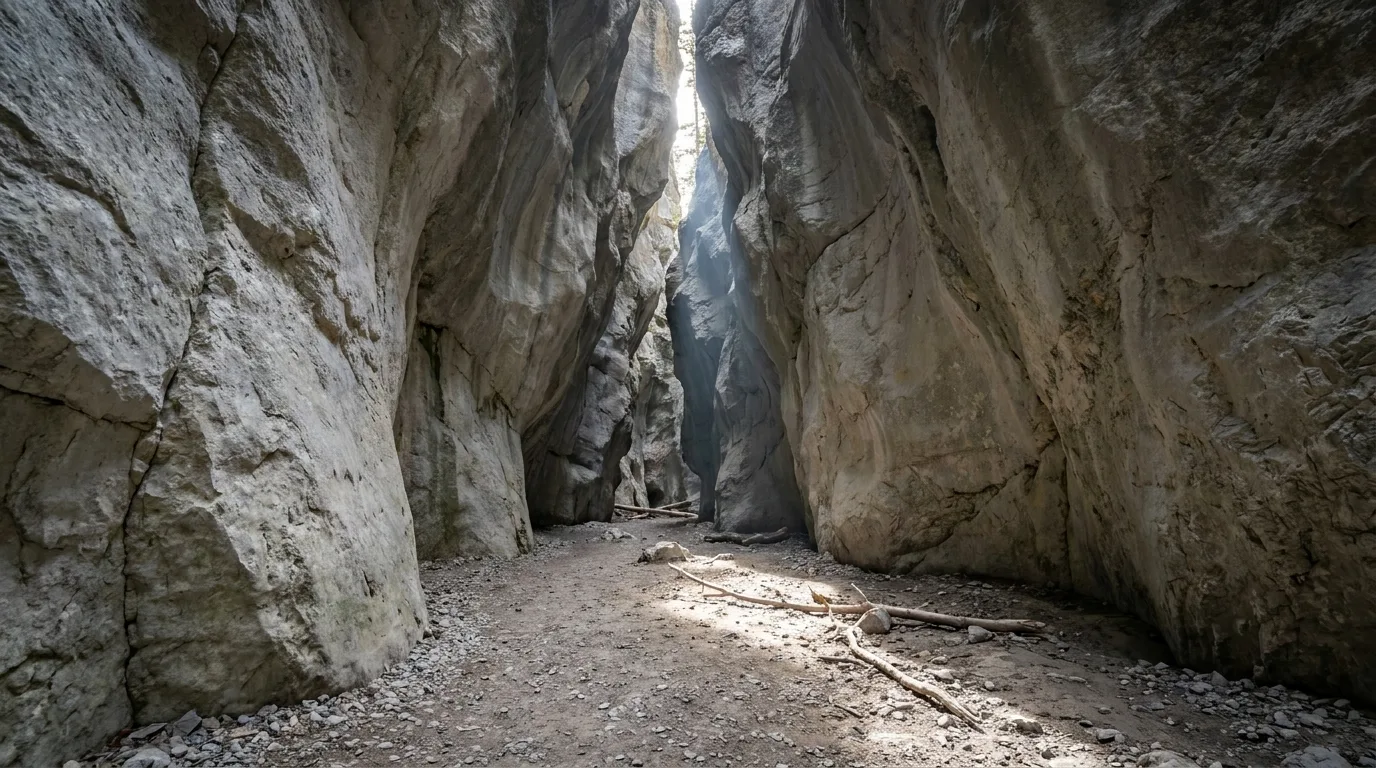 The narrow rock walls of Grotto Canyon squeezing a gravel creek-bed footpath in Kananaskis Country near Exshaw, Alberta, ultrarealistic photograph