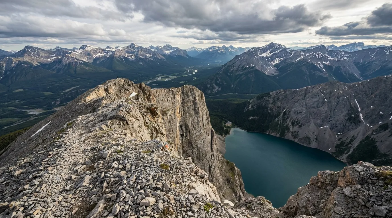 A hiker on the narrow summit ridge of Ha Ling Peak above a sheer cliff dropping to Whitemans Pond, the Bow Valley far below, Alberta, ultrarealistic photograph