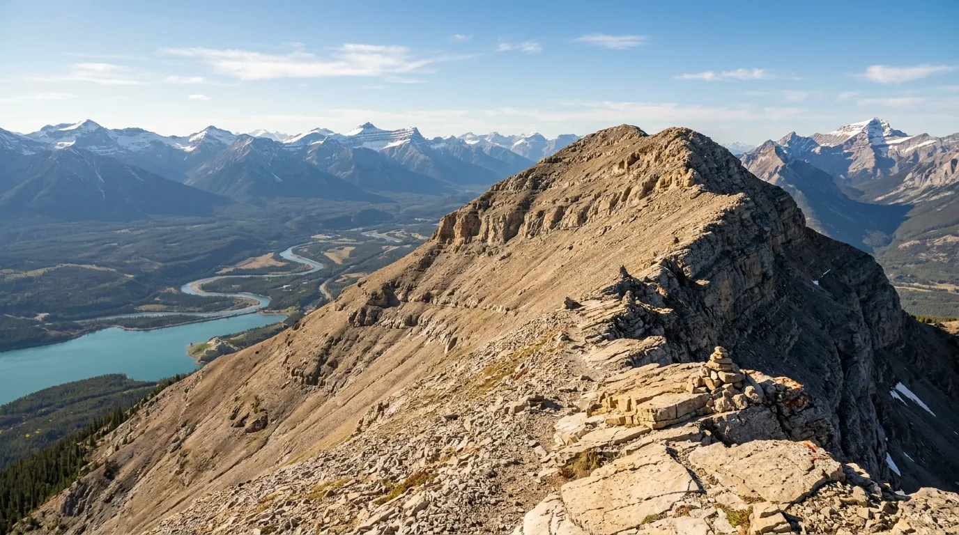 Hikers on the exposed horseshoe ridgeline of Heart Mountain above the Bow Valley near Lac des Arcs, Kananaskis Country, Alberta, ultrarealistic photograph