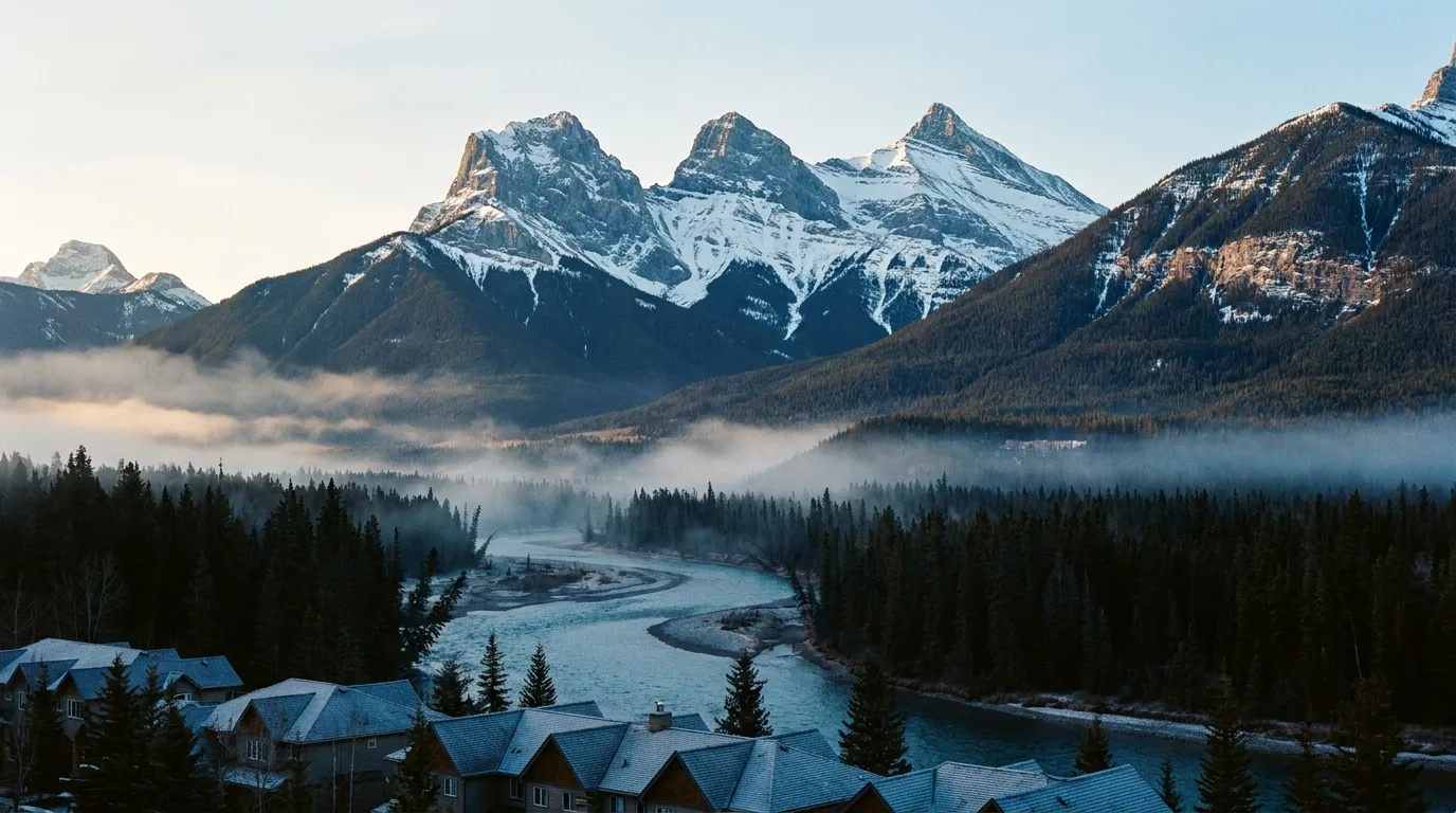 The Three Sisters peaks rising over the Bow River and the town of Canmore at dawn, Bow Valley, Alberta, ultrarealistic photograph