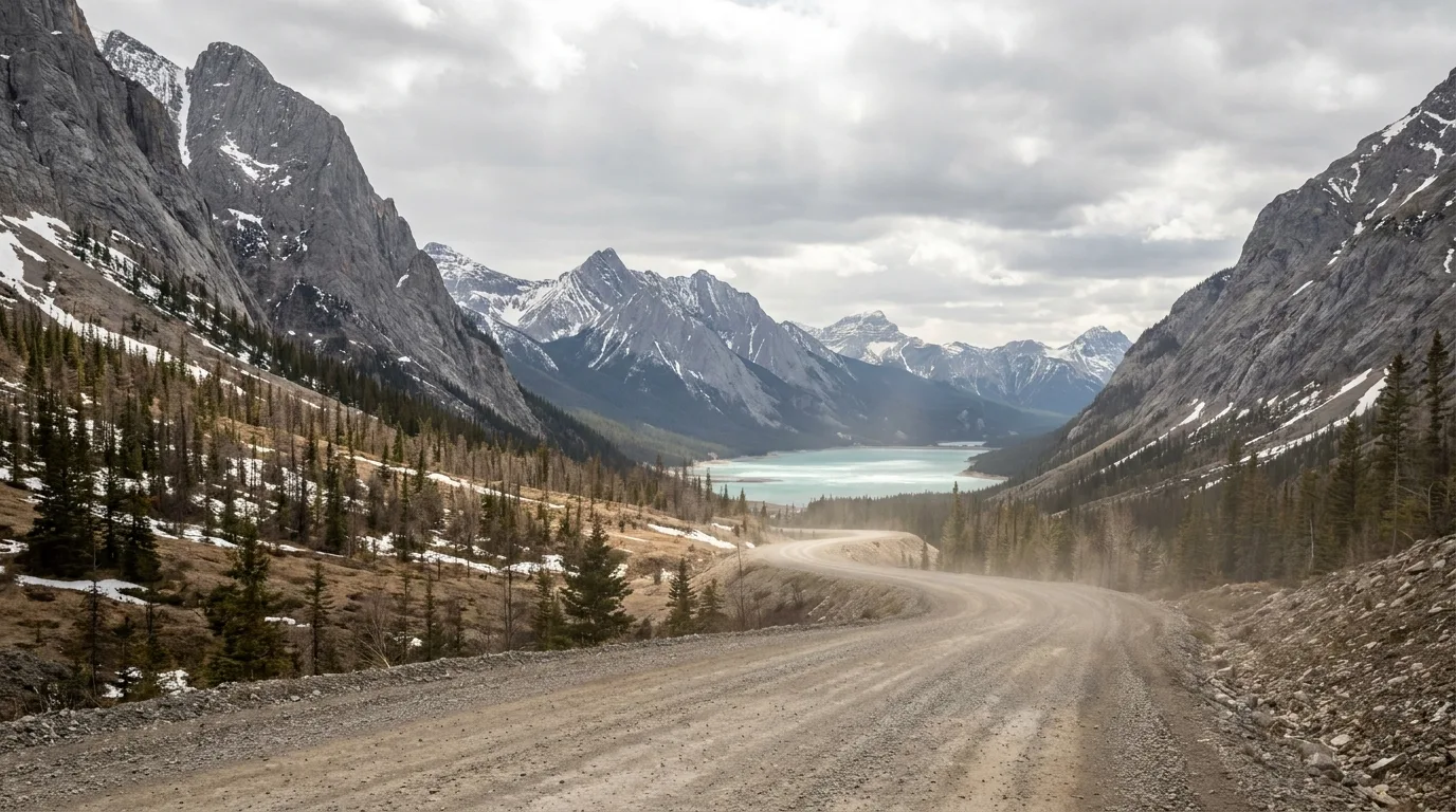 The gravel Smith-Dorrien Spray Trail Highway 742 winding south from Canmore past Spray Lakes reservoir beneath steep Rockies peaks, Kananaskis Country, Alberta, ultrarealistic photograph