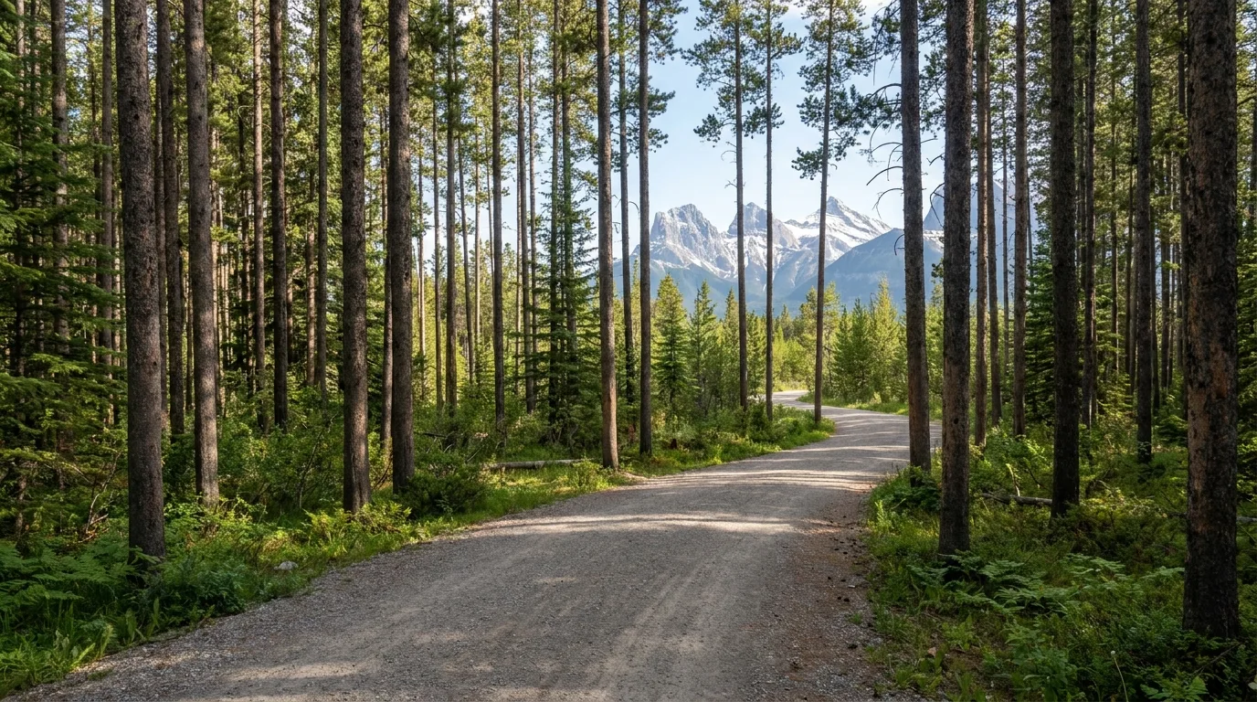 Wide gravel cross-country trails winding through pine forest with mountain views at the Canmore Nordic Centre in summer, Alberta, ultrarealistic photograph