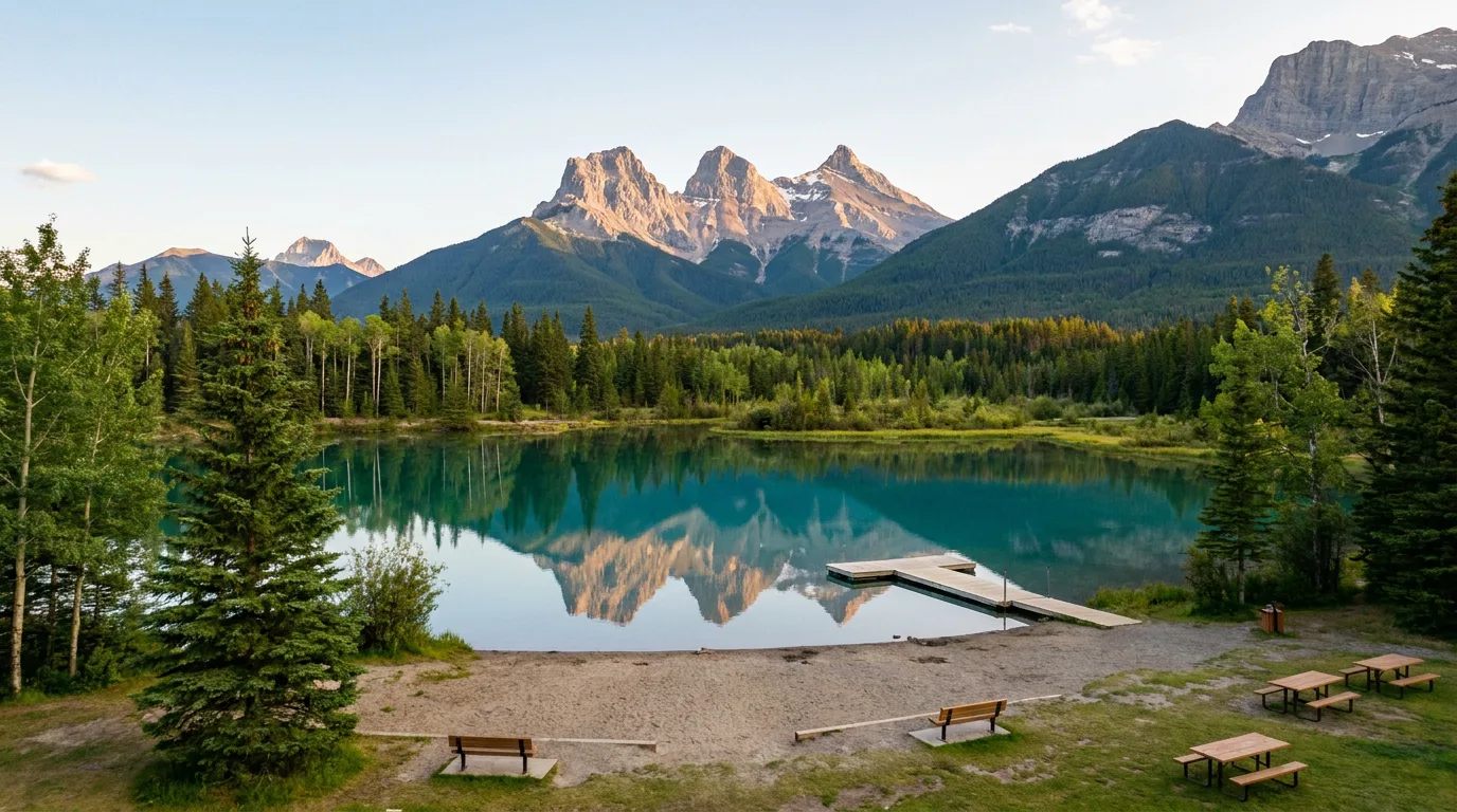 A calm turquoise former mine-pit lake with a sandy swim beach and the Three Sisters peaks behind at Quarry Lake Park, Canmore, Alberta, ultrarealistic photograph