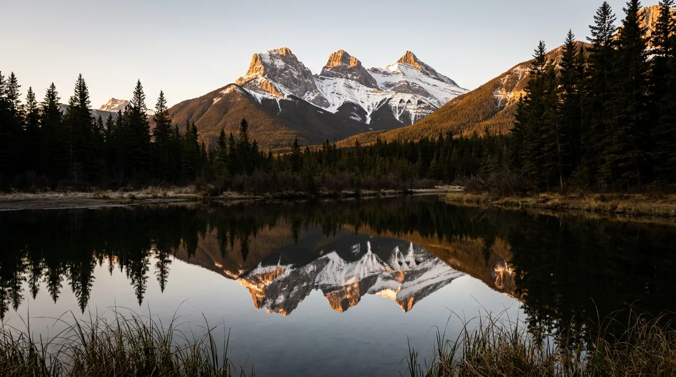The three peaks of the Three Sisters mirrored in still water at golden hour near Canmore, Bow Valley, Alberta, ultrarealistic photograph