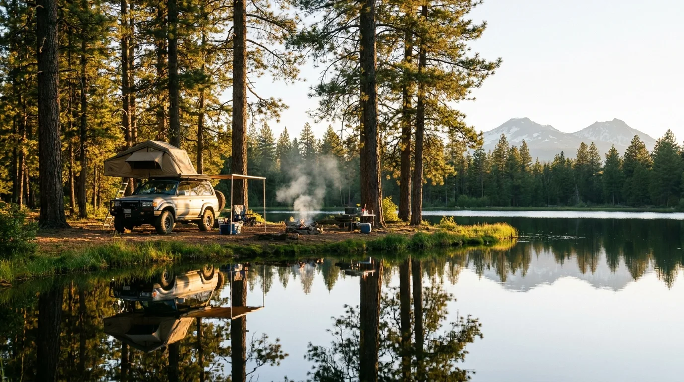 A campsite among tall ponderosa pines beside a still Cascade lake at golden hour with a rig and awning, illustrative render in the series style