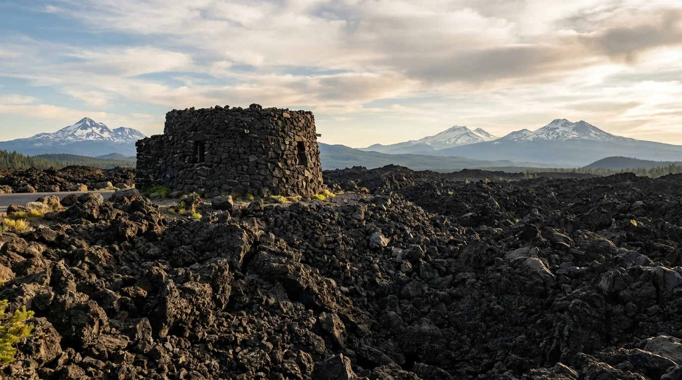 A squat observatory built of black lava rock atop a pass surrounded by a vast black lava field with distant snow peaks, Dee Wright Observatory McKenzie Pass, illustrative render in the series style