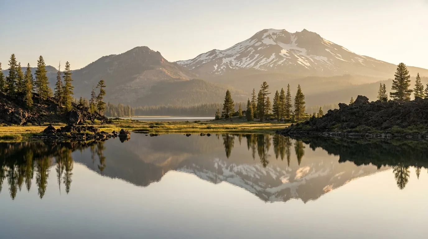 A chain of glacier-fed alpine lakes reflecting the Three Sisters and Broken Top volcanoes above dark forest, Central Oregon's Cascade Lakes at dawn, illustrative render in the series style