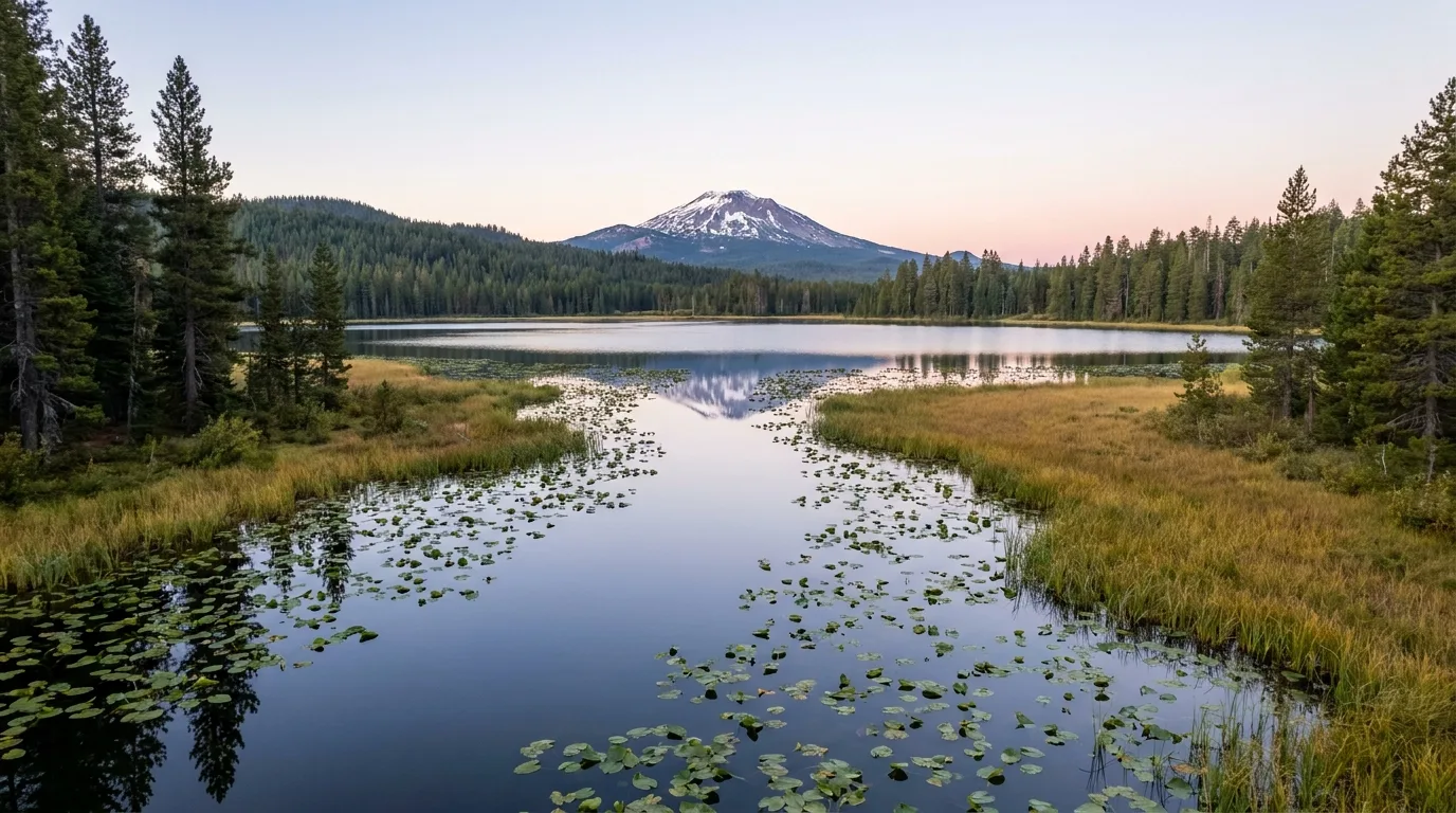 A canoe gliding through a narrow lily-lined channel joining two lobes of a still lake, Mt Bachelor behind, Hosmer Lake, illustrative render in the series style