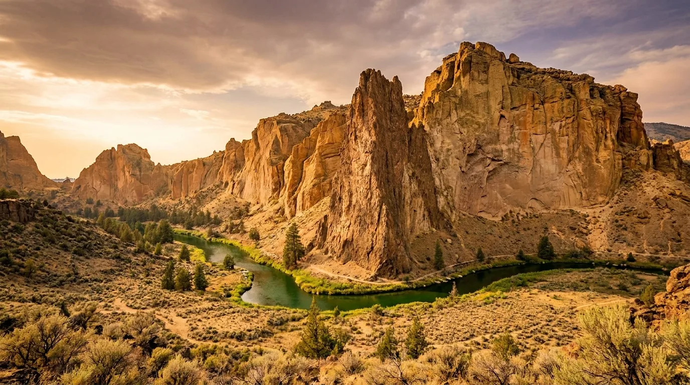 Tan and orange tuff cliffs rising above a green river bend in high desert, a slender rock spire resembling a face, Smith Rock and Monkey Face, illustrative render in the series style