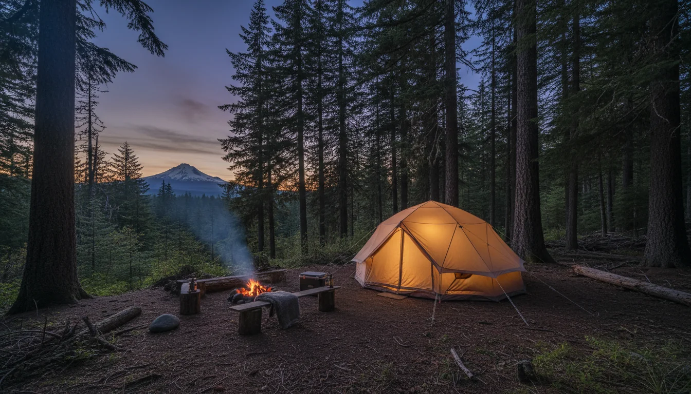 A camp set among tall conifers beside a still lake reflecting a distant volcano at dusk, a rig and a propane lantern, illustrative render in the series style