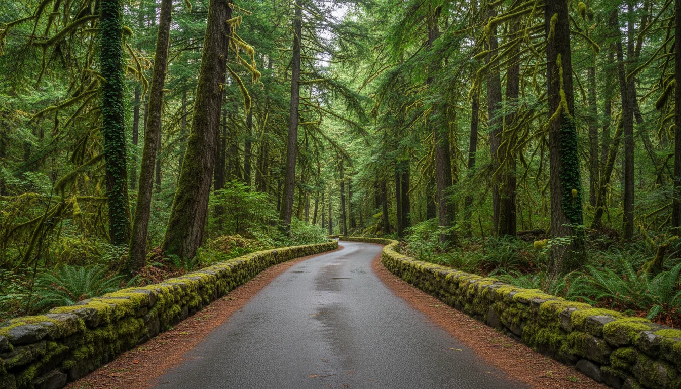 A narrow arched-stone scenic highway curving along a forested basalt cliff above a wide river, the Historic Columbia River Highway, illustrative render in the series style