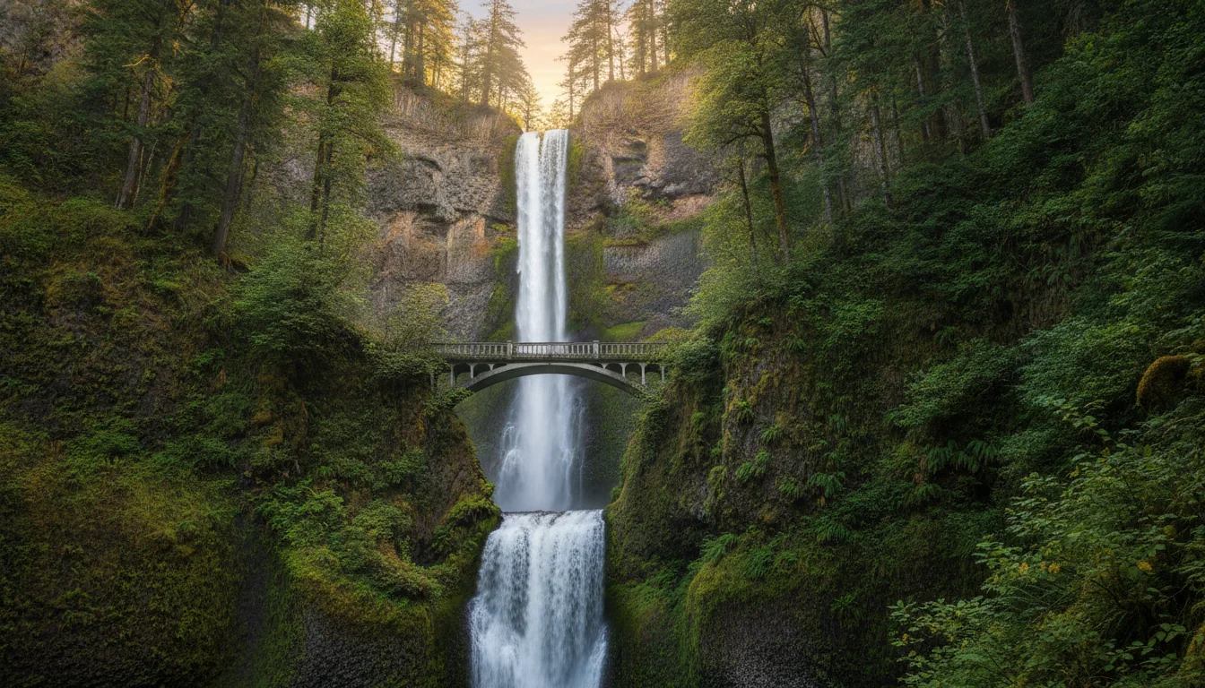 A basalt-walled river gorge with a distant snow-capped volcano beyond, waterfalls threading dark forest, the Columbia River Gorge with Mount Hood on the horizon, illustrative render in the series style