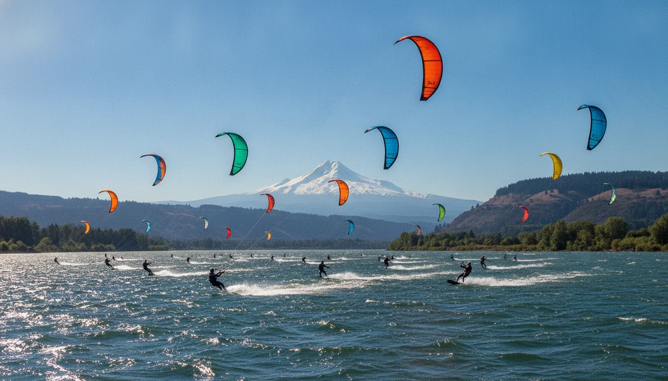 Windsurfers and kiteboarders spread across a wide whitecapped river below a small hillside town with a distant snow peak, Hood River in a stiff westerly, illustrative render in the series style