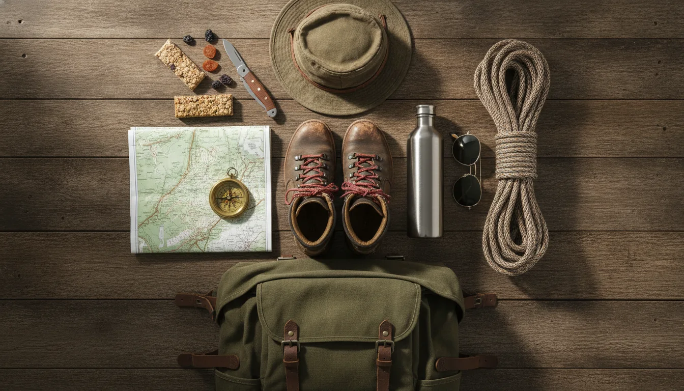 Overhead flat lay of loop kit: a propane stove and valve fire pit, a printed permit, tire chains, a paper map and a phone showing an air-quality app, illustrative render in the series style