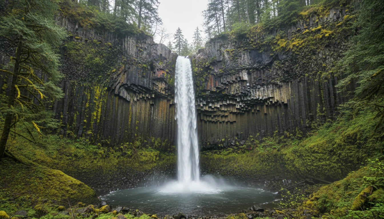 A tall straight plunge waterfall dropping past a wall of bright yellow-green columnar basalt into a mossy pool, Latourell Falls, illustrative render in the series style