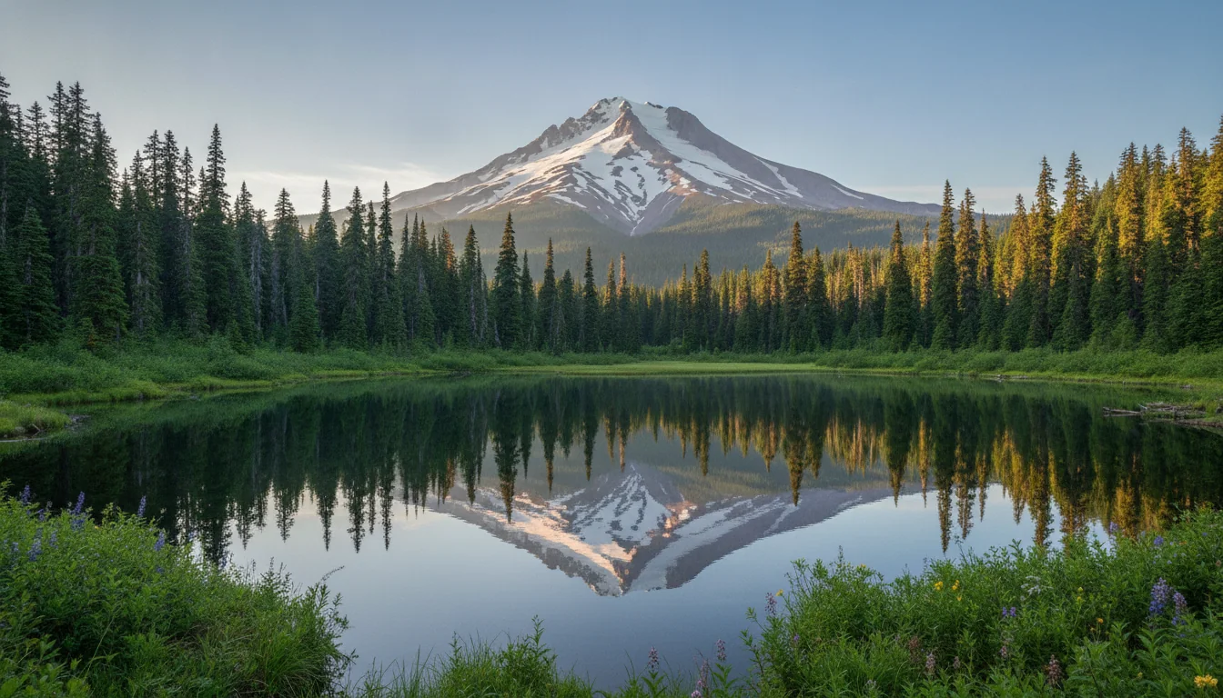 A small still alpine lake mirroring a snow-capped volcano under a clear morning sky, ringed by dark conifers, Mirror Lake on Mount Hood, illustrative render in the series style
