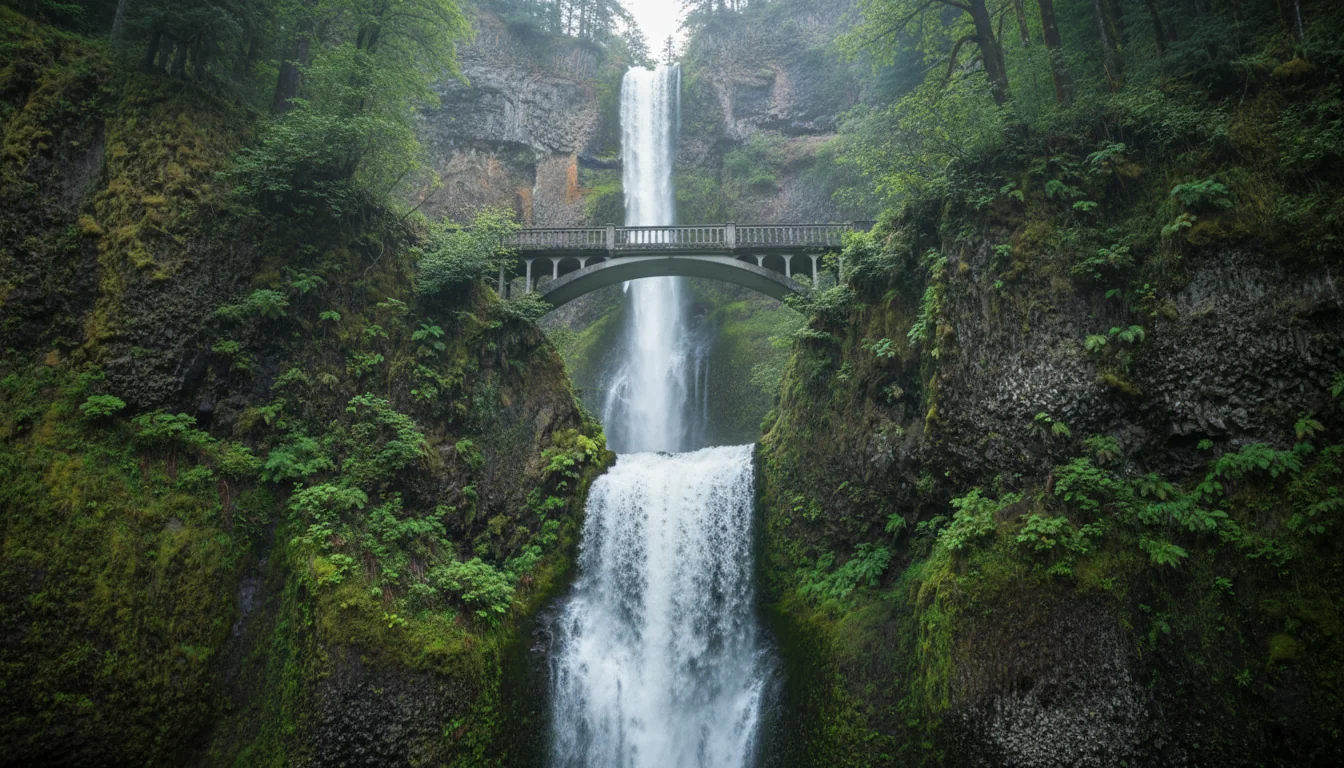 A very tall two-tier waterfall dropping past a stone arched footbridge into a forested basalt amphitheatre, Multnomah Falls, illustrative render in the series style