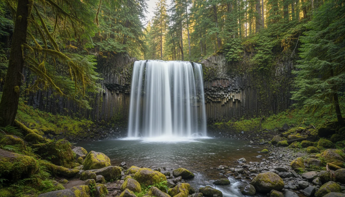 A broad curtain waterfall spilling over a dark basalt lip into a boulder-strewn creek in green forest, Tamanawas Falls, illustrative render in the series style