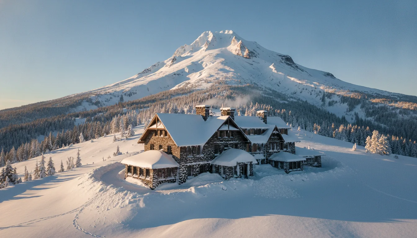A massive timber-and-stone alpine lodge below the bare snow-streaked summit cone of a volcano, Timberline Lodge on Mount Hood, illustrative render in the series style