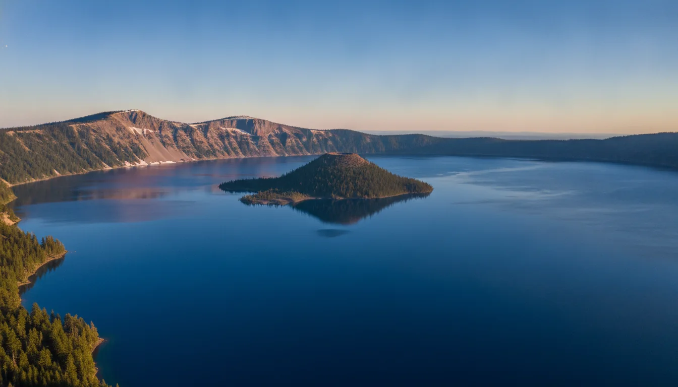 A vast, impossibly blue caldera lake ringed by dark cliffs with a small cinder-cone island, Crater Lake at golden hour, illustrative render in the series style