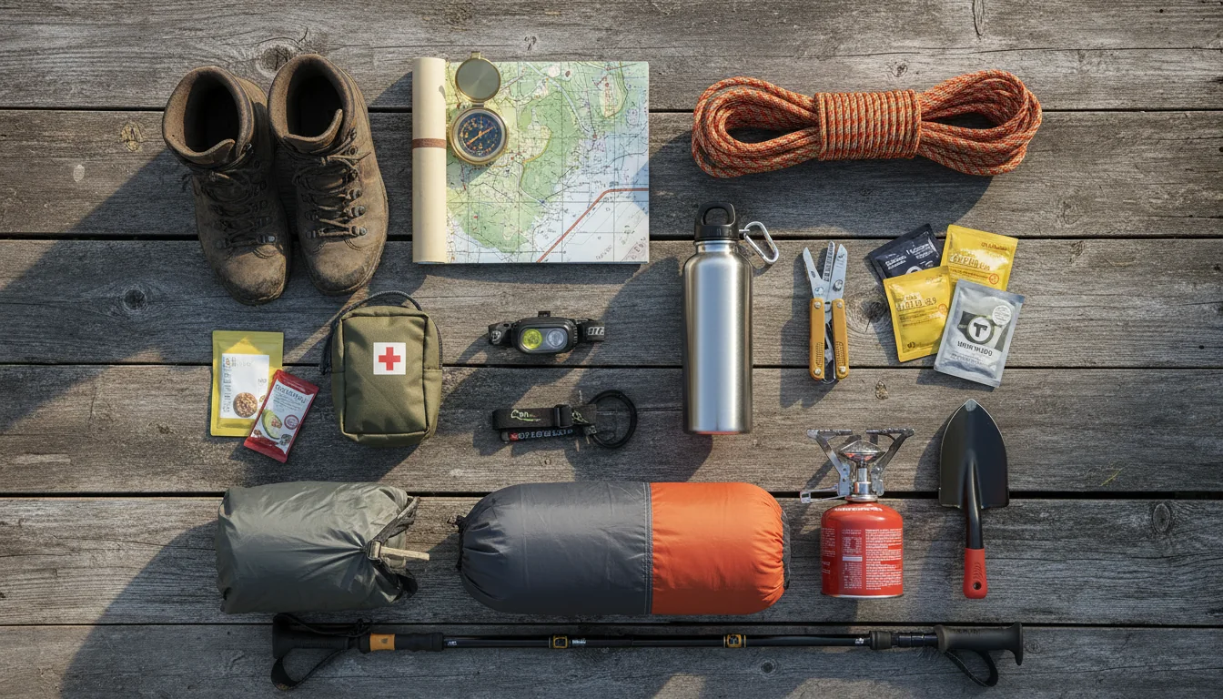 Overhead flat lay of park kit: a satellite communicator, a full jerrycan, layered clothing, an N95 mask, a paper park map and a card wallet, illustrative render in the series style