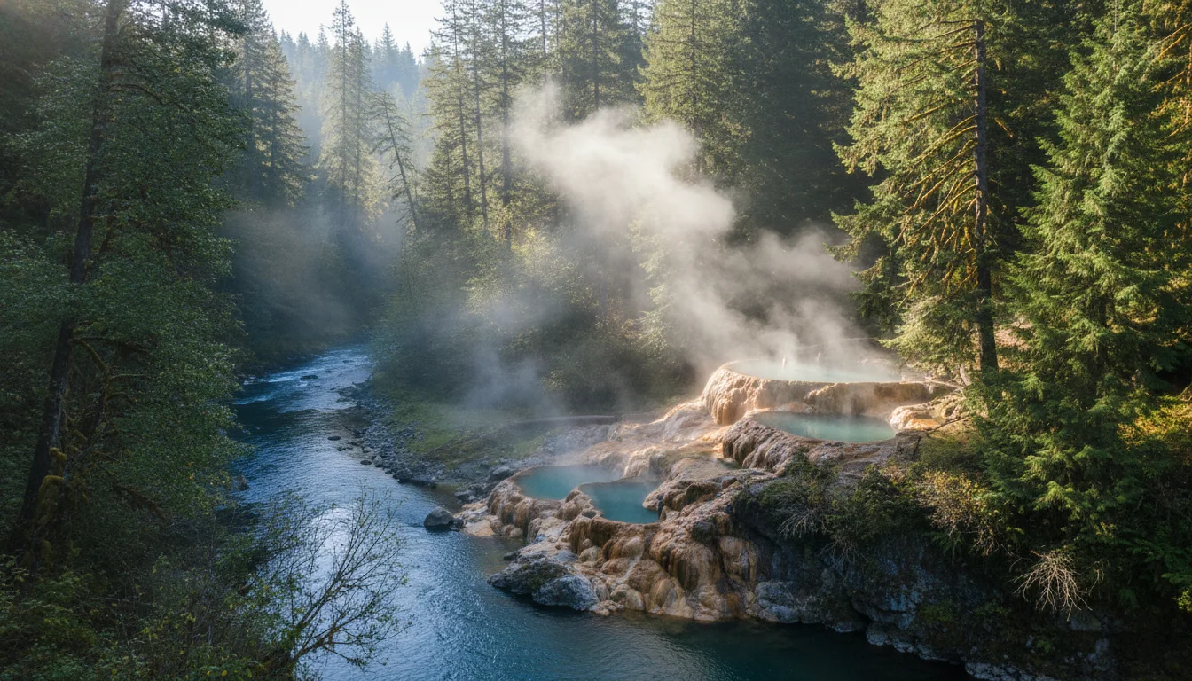 Terraced travertine pools of steaming water perched on a cliff above a green forested river, Umpqua Hot Springs, illustrative render in the series style