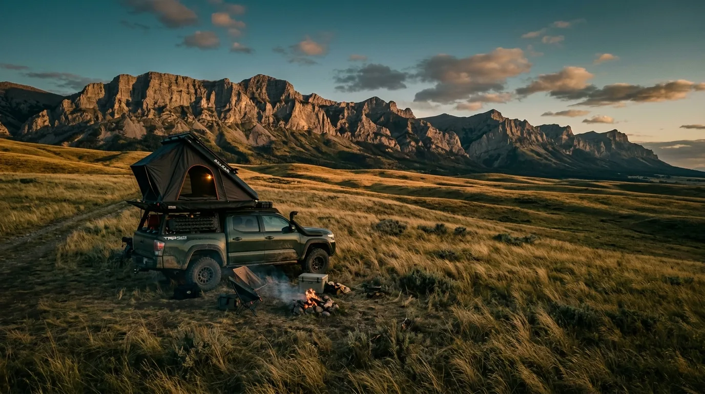 4x4 with rooftop tent random-camped alone in open grassland below the Livingstone Range at evening
