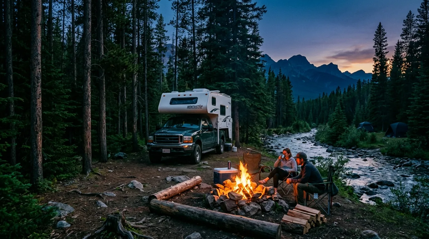 Truck camper and campfire at a treed creekside campground at dusk in the Alberta foothills