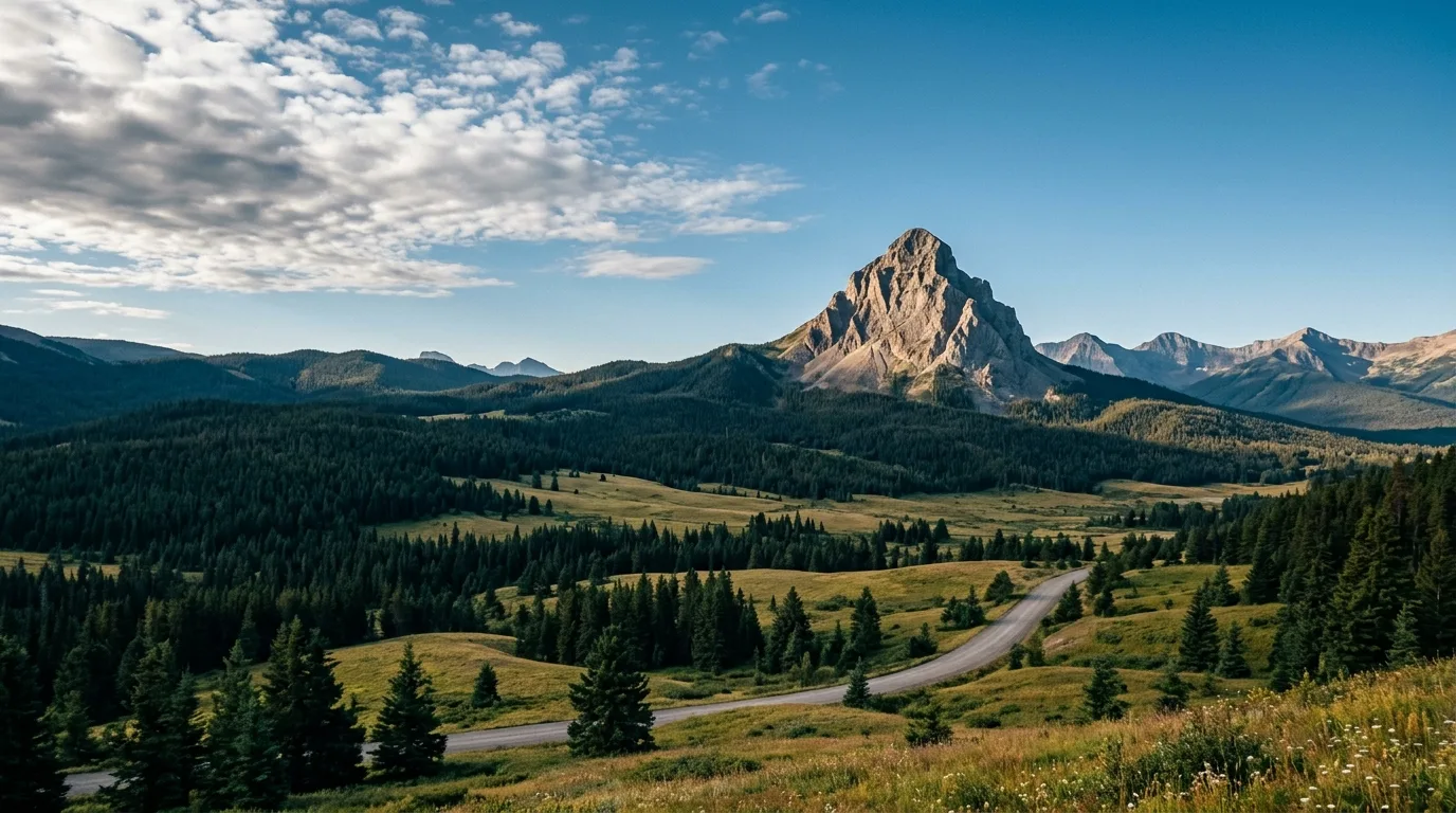 The lone limestone pyramid of Crowsnest Mountain standing isolated above dark spruce forest in morning light