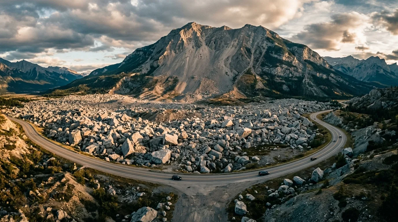 The vast limestone boulder field of the Frank Slide below the scarred face of Turtle Mountain with Highway 3 threading through the debris