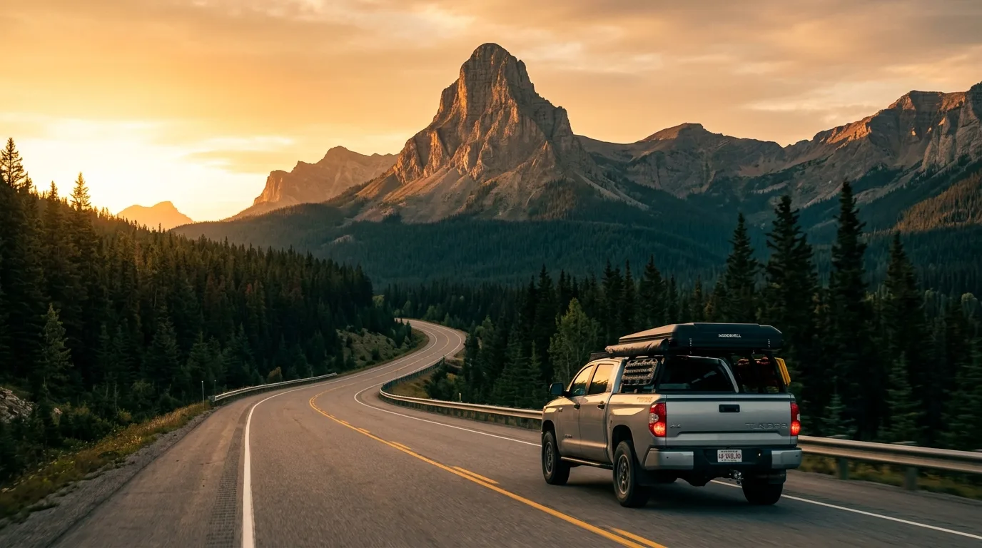 Overland pickup with rooftop tent driving Highway 3 toward the lone limestone pyramid of Crowsnest Mountain at golden hour