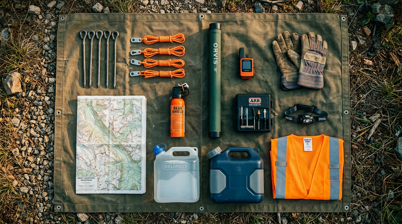 Overhead flat lay of a windproof overlanding kit: heavy stakes, guylines, topographic map, bear spray, fly rod tube, satellite communicator, tire plug kit, water jugs, blaze orange vest