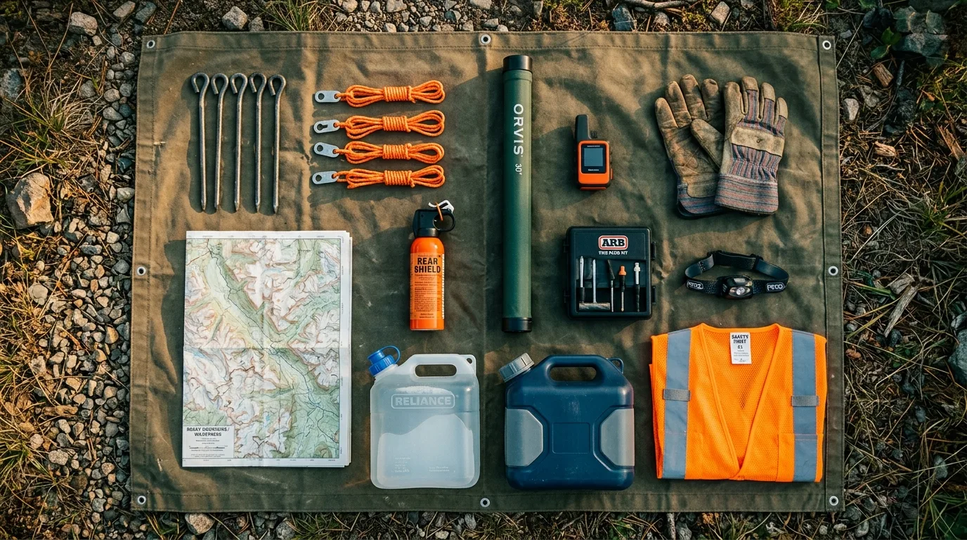 Overhead flat lay of a windproof overlanding kit: heavy stakes, guylines, topographic map, bear spray, fly rod tube, satellite communicator, tire plug kit, water jugs, blaze orange vest