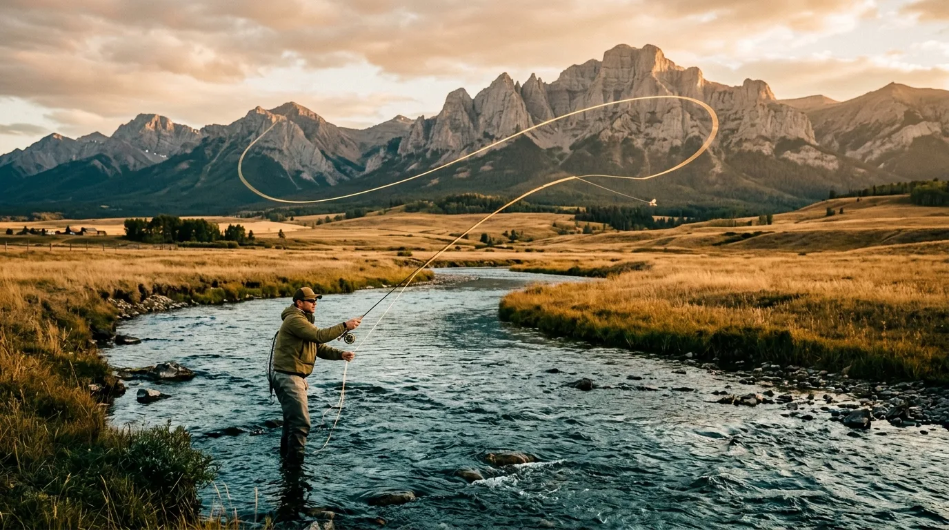 Fly angler casting on the Crowsnest River through golden ranchland with limestone mountains behind