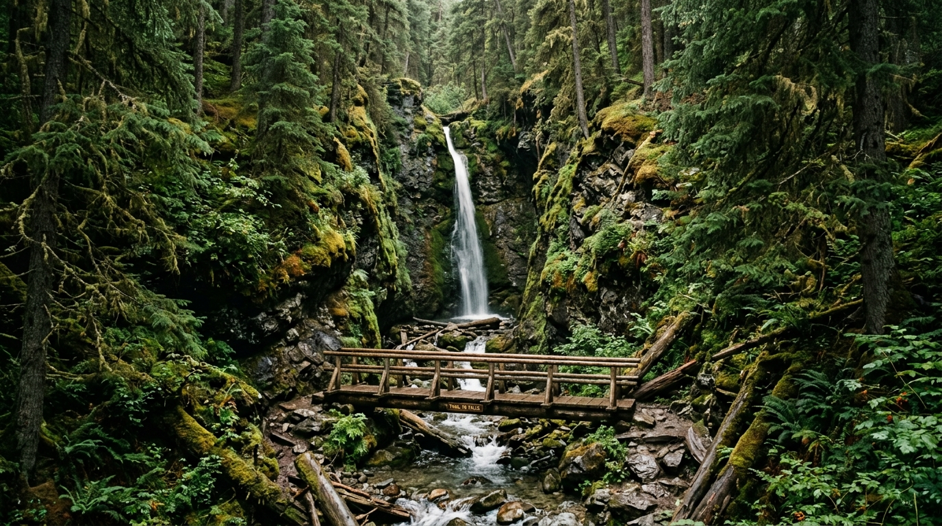 Star Creek Falls dropping through a narrow mossy gorge with a wooden footbridge below, Coleman