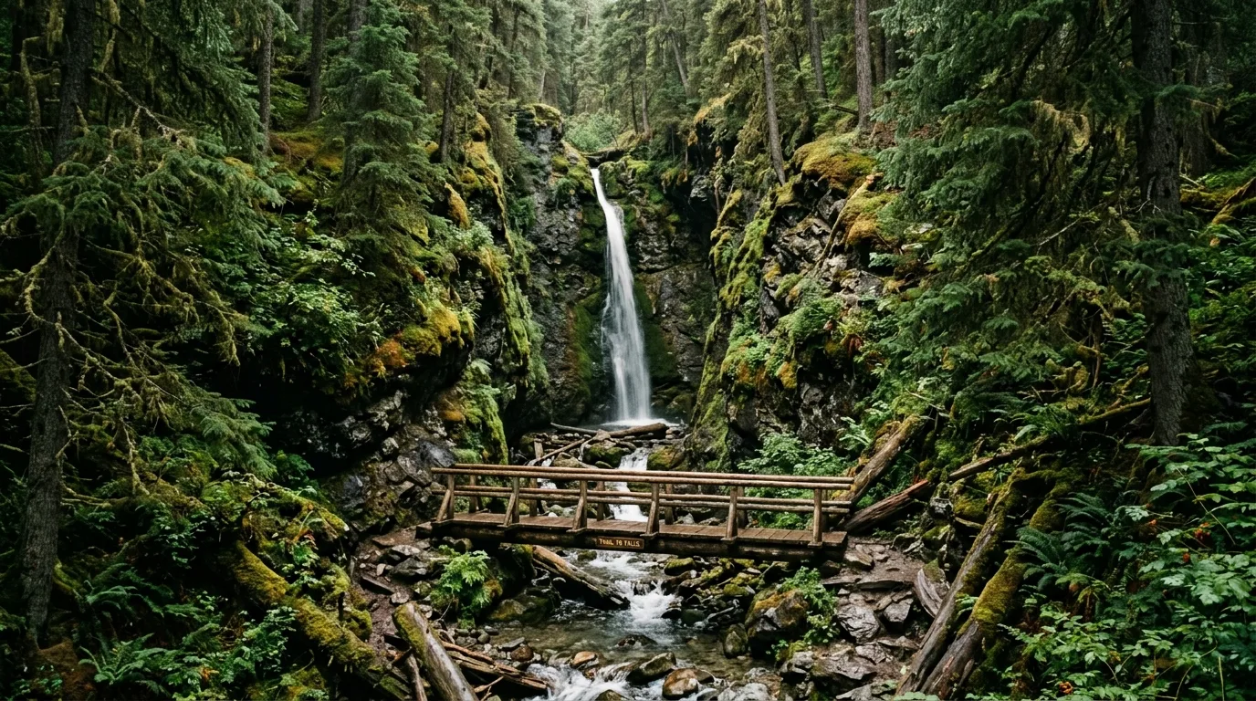 Star Creek Falls dropping through a narrow mossy gorge with a wooden footbridge below, Coleman