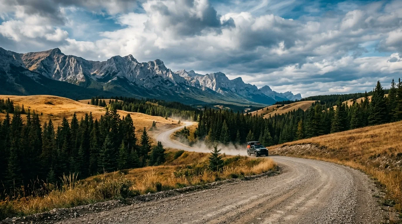 Gravel forestry road winding north through golden foothills below the long wall of the Livingstone Range, a 4x4 trailing dust