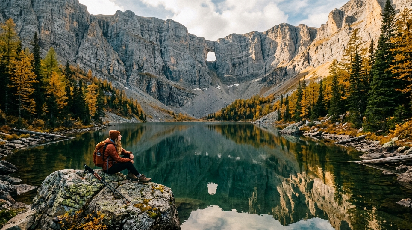 Emerald alpine lake beneath limestone cliffs with a notch in the ridge above, Window Mountain Lake